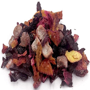 Dried rose mixed with dried apple dice, dried strawberry dice, dried orange peel, sweet raisins and dried mint leaves 