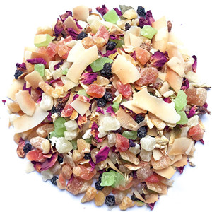 Dried rose petals mixed with dried mango dice, dried papaya dice, dried pineapple dice, sweet raisins, dried lemon slice and dried coconut slice