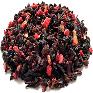 Dried hibiscus sabdariffa mixed with dried blueberry, sweet raisins and dried strawberry