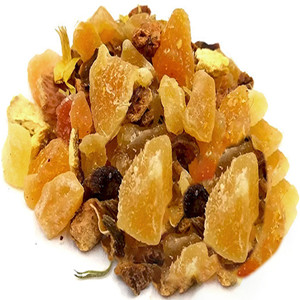 Dried white rose petals mixed with dried apple slice, rock sugar, dried mango dice, dried papaya dice, dried orange peel and dried chrysanthemum