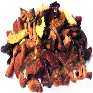 Dried hibiscus sabdariffa mixed with sweet raisins, dried orange peel and dried apple
