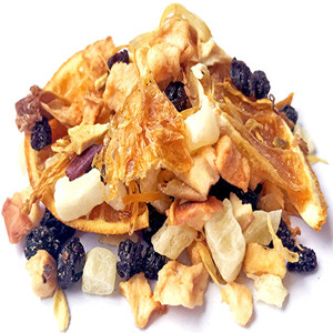Dried chrysanthemum mixed with dried pineapple dice, dried apple dice, sweet raisins, dried lemon slice and dried orange slice