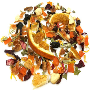 Dried hibiscus sabdariffa mixed with dried citronella, dried blueberry, dried apple dice, dried grapefruit, dried orange peel, dried carrot dice, dried mint leaves and dried chrysanthemum