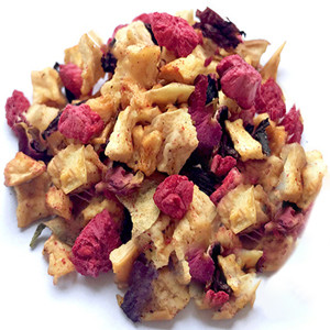 Dried hibiscus sabdariffa mixed with dried apple slice, dried raspberry and dried rose petals