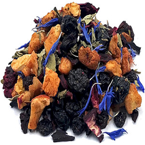 Dried hibiscus sabdariffa mixed with dried apple dice, dried blueberry, sweet raisins, dried chrysanthemum and dried mint leaves
