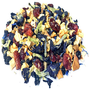 Dried chrysanthemum mixed with dried apple slice, sweet raisins, dried cranberry and dried flower of clitoria