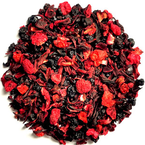 Dried hibiscus sabdariffa mixed with dried blueberry, sweet raisins, dried raspberry and dried strawberry