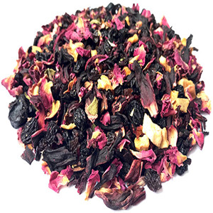 Dried hibiscus sabdariffa mixed with dried apple dice, dried blueberry, sweet raisins, dried mint leaves and dried rose petals