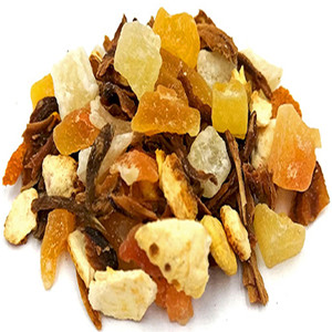 Dried white rose petals mixed with dried mango dice, dried pineapple dice, dried papaya dice and dried orange peel