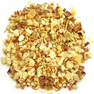 Dried chrysanthemum mixed with dried mango dice, dried apple slice, dried pineapple dice and dried orange peel