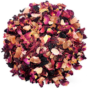 Dried hibiscus sabdariffa mixed with dried honey peach dice, dried pineapple dice, sweet raisins, dried blueberry and red rose petals