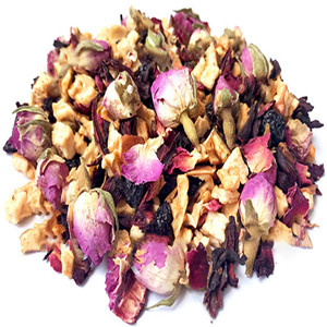 Dried hibiscus sabdariffa mixed with dried apple, sweet raisins, dried orange peel and red rose petals