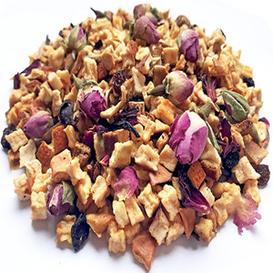Dried hibiscus sabdariffa mixed with dried apple slice, sweet raisins, dried orange peel and dried rose petals