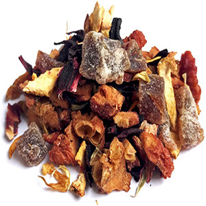 Dried hibiscus sabdariffa mixed with dried apple dice, dried honey peach dice, dried orange peel and dried chrysanthemum