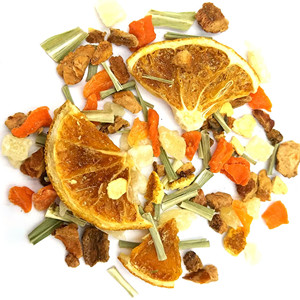 Dried white rose petals mixed with dried pineapple dice, dried apple slice, dried orange peel, dried citronella, dried carrot dice and dried orange slice