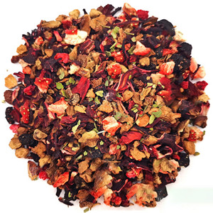 Dried hibiscus sabdariffa mixed with dried apple, sweet raisins, dried blueberry, dried mint leaves, dried raspberry and dried strawberry