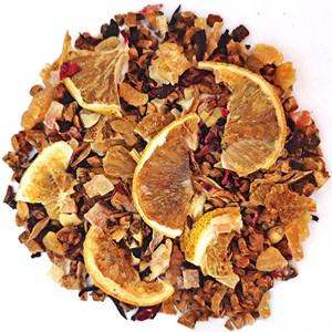 Dried hibiscus sabdariffa mixed with dried papaya dice, dried mango dice, dried apple, dried orange slice and dried white rose petals