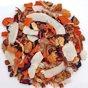 Dried hibiscus sabdariffa mixed with dried white rose petal, dried apple slice, dried mango dice, dried papaya dice, dried carrot dice and dried coconut slice