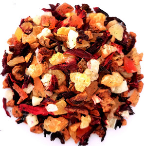 Dried hibiscus sabdariffa mixed with dried apple slice, dried mango dice, dried pineapple dice, dried papaya dice and dried mint leaves
