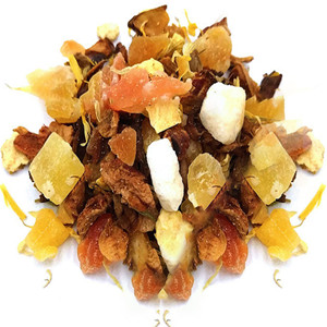 Dried white rose petals mixed with dried papaya dice, dried apple, rock sugar, dried orange peel, dried mango dice and dried chrysanthemum