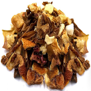 Dried white rose petals mixed with dried apple slice, rock sugar, dried orange peel and dried lemon slice