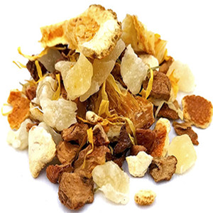 Dried chrysanthemum mixed with dried pineapple dice, dried apple slice, dried orange peel and dried citrus slice