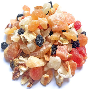 Dried mango dice mixed with dried papaya dice, dried pineapple dice, sweet raisins and dried lemon slice