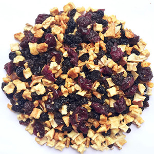Dried hibiscus sabdariffa mixed with dried apple, sweet raisins and dried cranberry