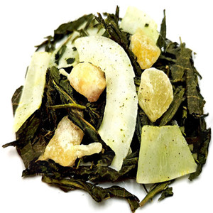 Green tea mixed with white tea, dried papaya dice, dried pineapple dice, dried strawberry and dried rose petals
