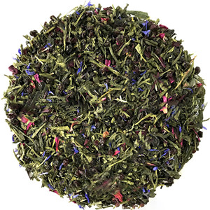 Green tea mixed with sweet raisins, dried blueberry and dried hibiscus sabdariffa
