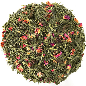Green tea mixed with dried cranberry and dried rose petals