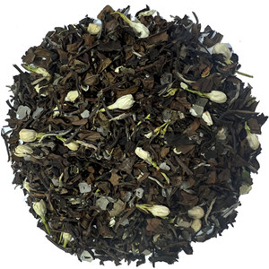 White tea mixed with dried lychee dice and dried jasmine bud
