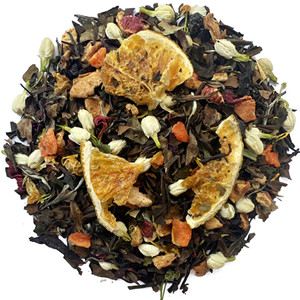 White tea mixed with dried hibiscus sabdariffa, dried blueberry, dried apple slice, dried grapefruit, dried orange slice, dried carrot slice, dried chrysanthemum and dried jasmine bud