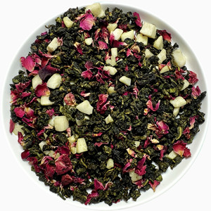 Oolong tea mixed with dried coconut dice and dried rose petals