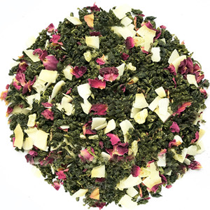 Oolong tea mixed with dried coconut dice and dried rose petals