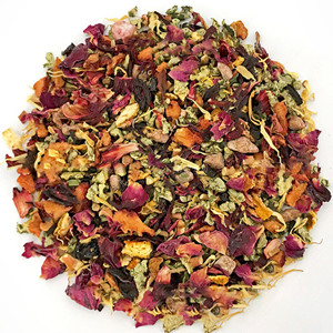 Dried lotus leaves mixed with dried chrysanthemum, dried rose petals, dried hibiscus sabdariffa, dried apple dice, dried orange peel, dried strawberry dice, sweet raisins and dried mint leaves