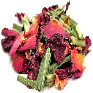 Dried citronella mixed with ginger dice and dried rose petals
