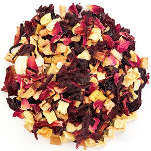 Dried hibiscus sabdariffa mixed with sweet raisins, dried blueberry, dried apple slice, dried mango dice, dried coconut dice and dried rose petals