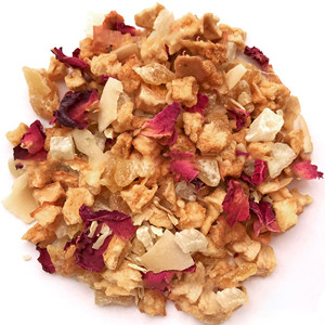 Dried rose petals mixed with dried apple slice, dried mango dice, dried coconut, dried ginger and dried chrysanthemum
