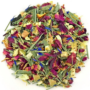 Dried hibiscus sabdariffa mixed with dried lemon grass, dried orange peel, dried mint leaves, dried chrysanthemum, dried mango dice, dried pineapple dice, sweet raisins and dried lemon slice