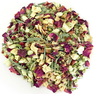 Dried citronella mixed with ginger dice and dried rose petals