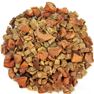 Dried mint leaves mixed with ginger dice, dried apple dice and dried mango dice