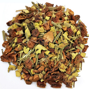 Dried citronella mixed with dried apple slice, licorice, dried mint leaves and ginger dice