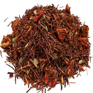 Dried canary flower mixed with dried strawberry dice and dried stevia leaves