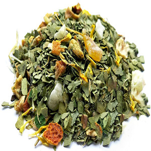 Yerba mate mixed with dried mango dice, dried apple slice, dried pineapple dice, dried orange peel and dried chrysanthemum