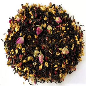Ceylon black tea leaves mixed with dried hibiscus sabdariffa, sweet raisins, dried apple slice, dried orange peel and dried rose petals