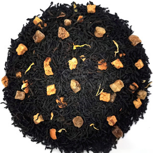 Ceylon black tea leaves mixed with dried honey peach dice, dried apple slice, dried orange peel and dried chrysanthemum