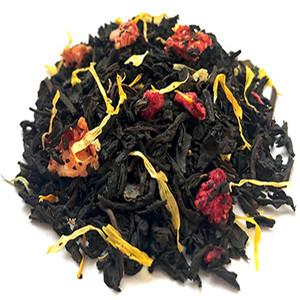 Ceylon black tea leaves mixed with dried blueberry, dried strawberry, dried raspberry and dried chrysanthemum
